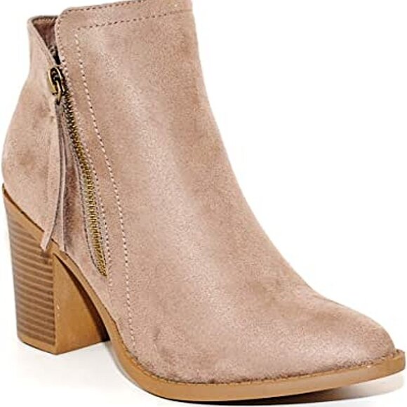 Stacked Chunky Heel Booties Taupe Elevated Suede Ankle Boots | Soft. Neutral - Picture 2 of 5